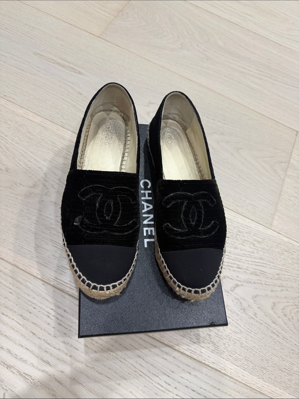 CHANEL Black Velvet & Canvas Espadrille Loafers with CC Embroidery